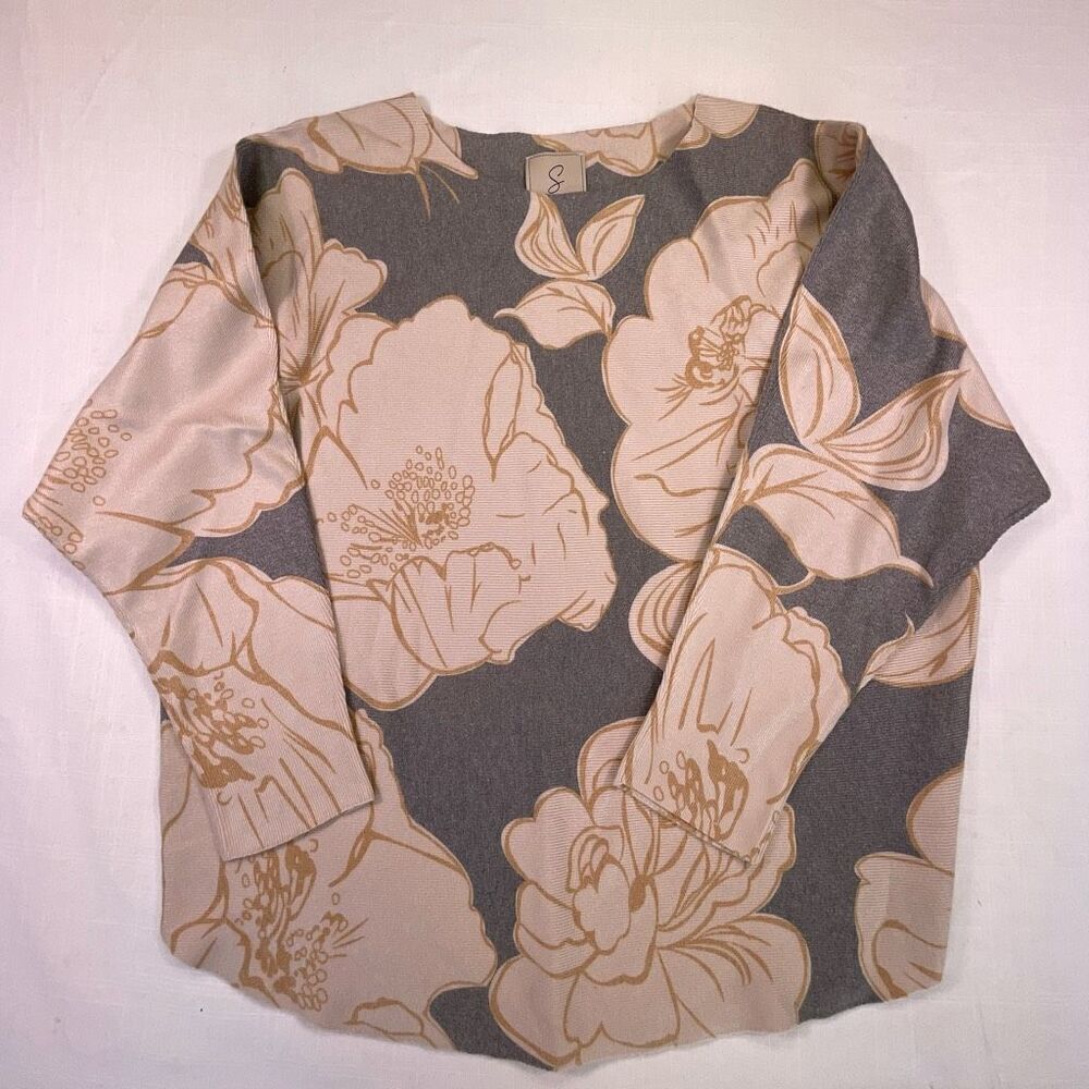 Sioni Blue White Rayon Blend Dolman Sleeve Knit Floral Pullover Sweater Size XL